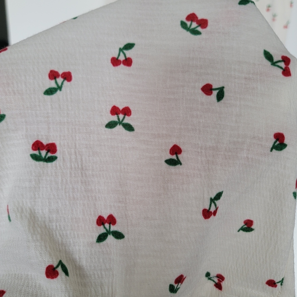 Ivory Crepe Fabric with Red and Green Cherry Print Lounge Pants Size Large - Picture 4 of 6